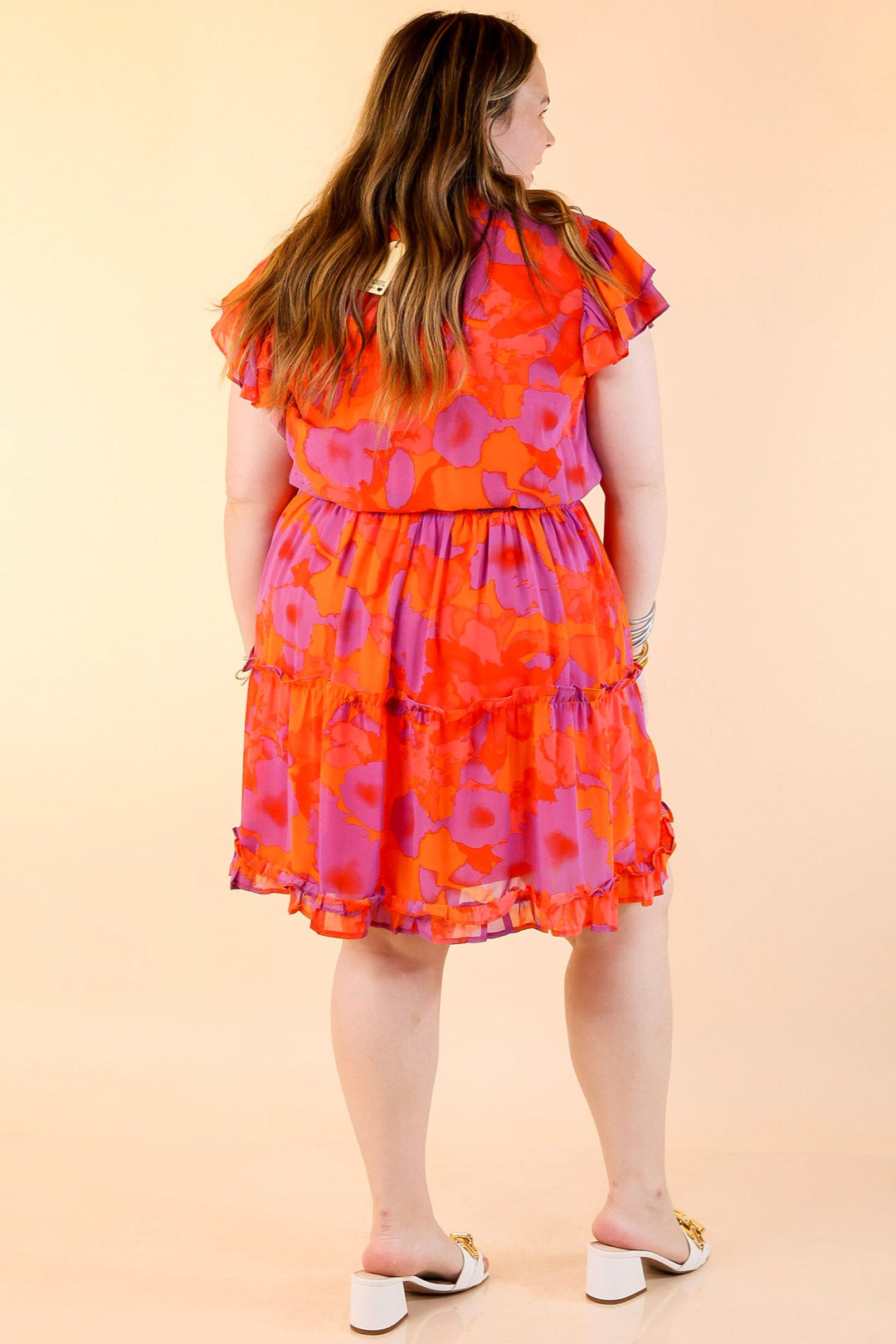 Girl On Fire Ruffle Sleeve and Tie Neck Dress in Orange and Purple