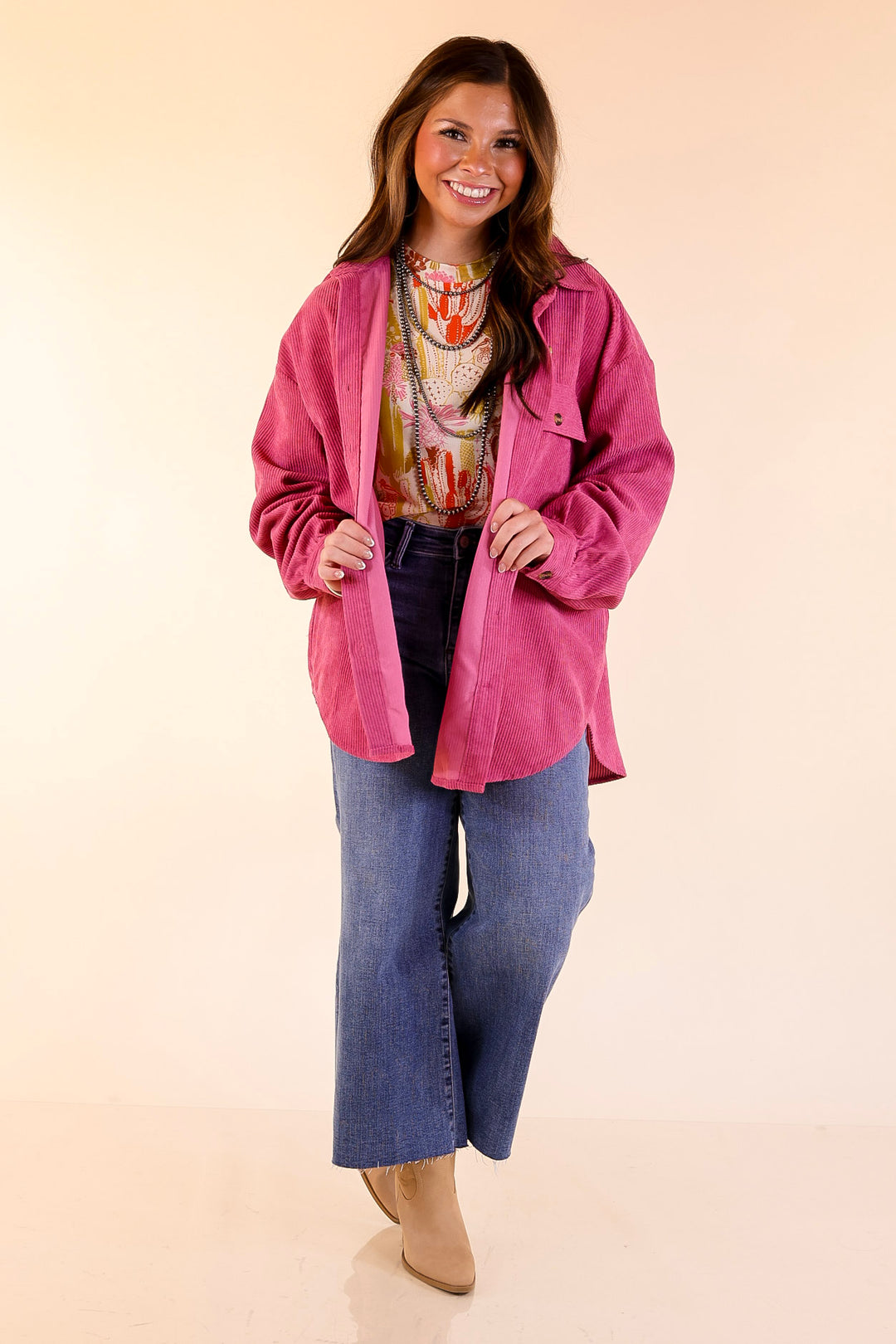 All Dolled Up Button Up Corduroy Shacket in Orchid Pink