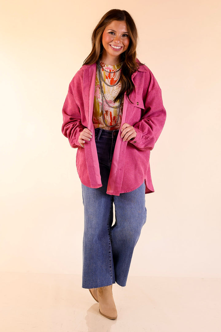 All Dolled Up Button Up Corduroy Shacket in Orchid Pink