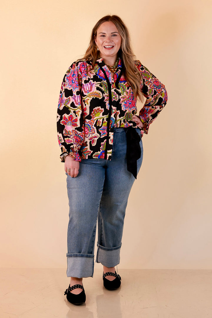 Petal Pop Floral Print Ruffle Front Button Up Long Sleeve Top with Balloon Sleeves in Black
