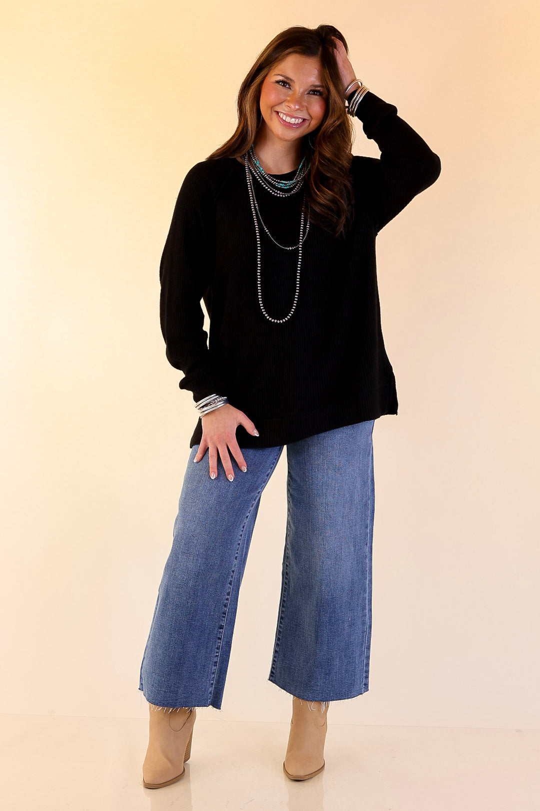 Essentially Chic Waffle Knit Long Sleeve Scoop Neck Top in Black