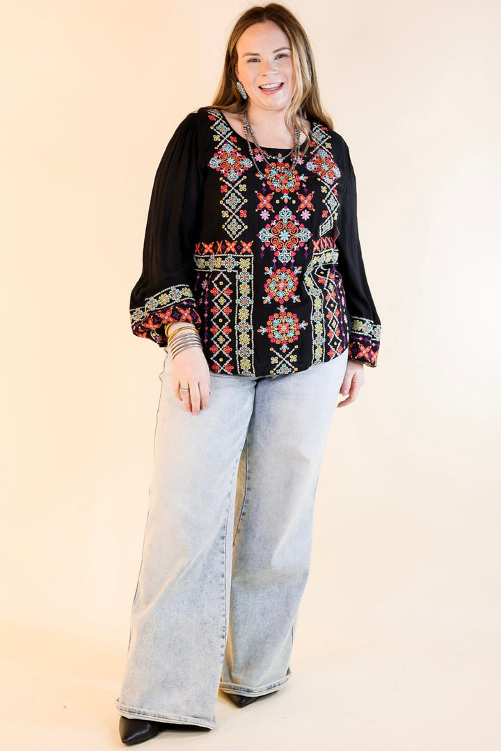 Wake Up Call Embroidered Long Sleeve Top in Black