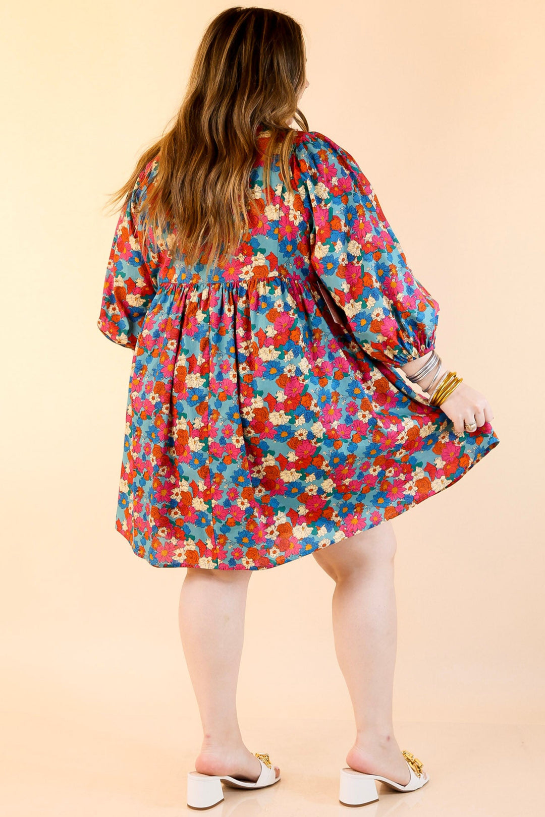 Wrapped In Love Floral Half Sleeve Dress with Keyhole Front in Turquoise