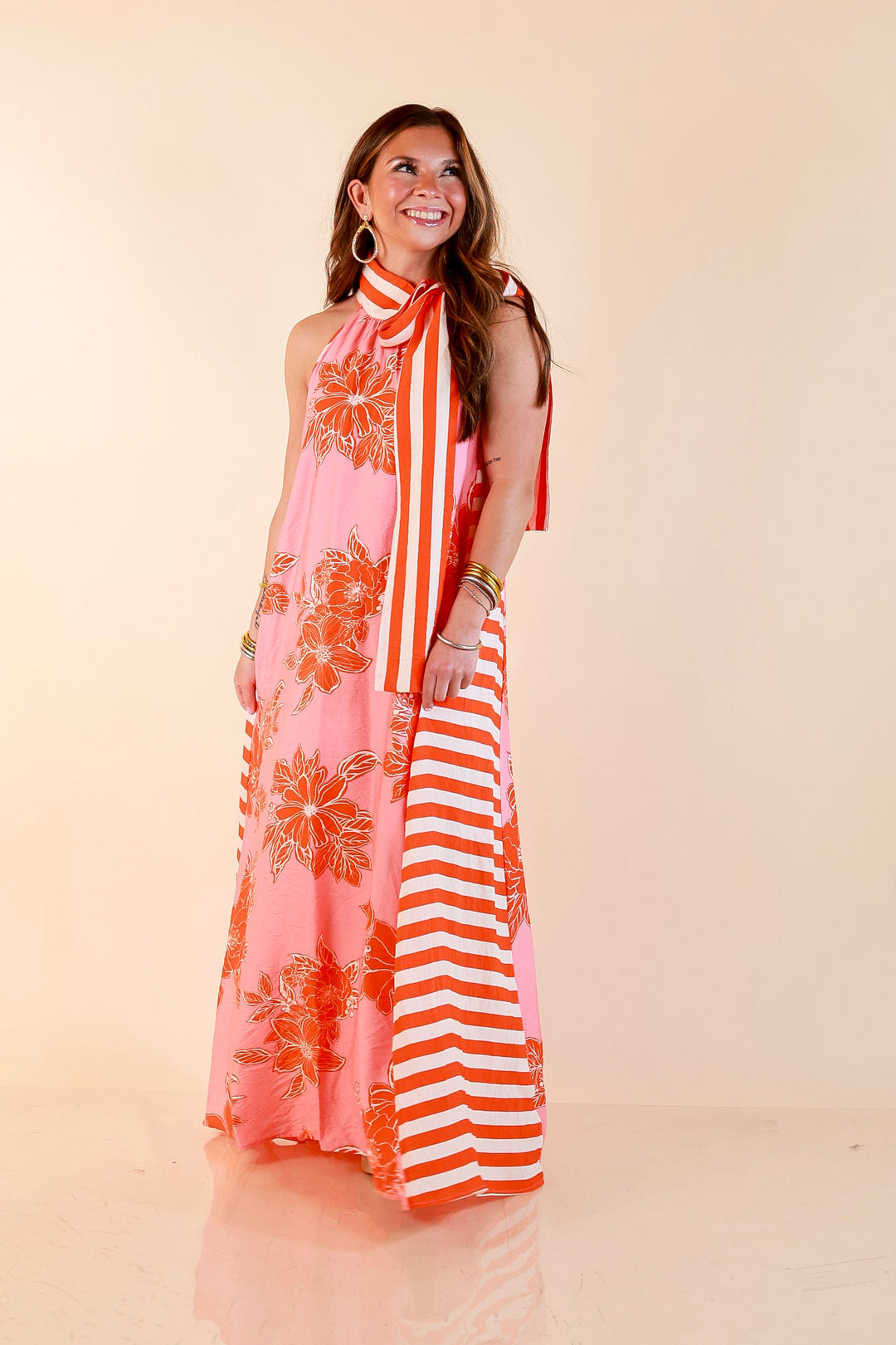 Meet Me in Palm Beach Floral Print Halter Maxi Dress with Adjustable Bow Tie Neck in Pink and Orange