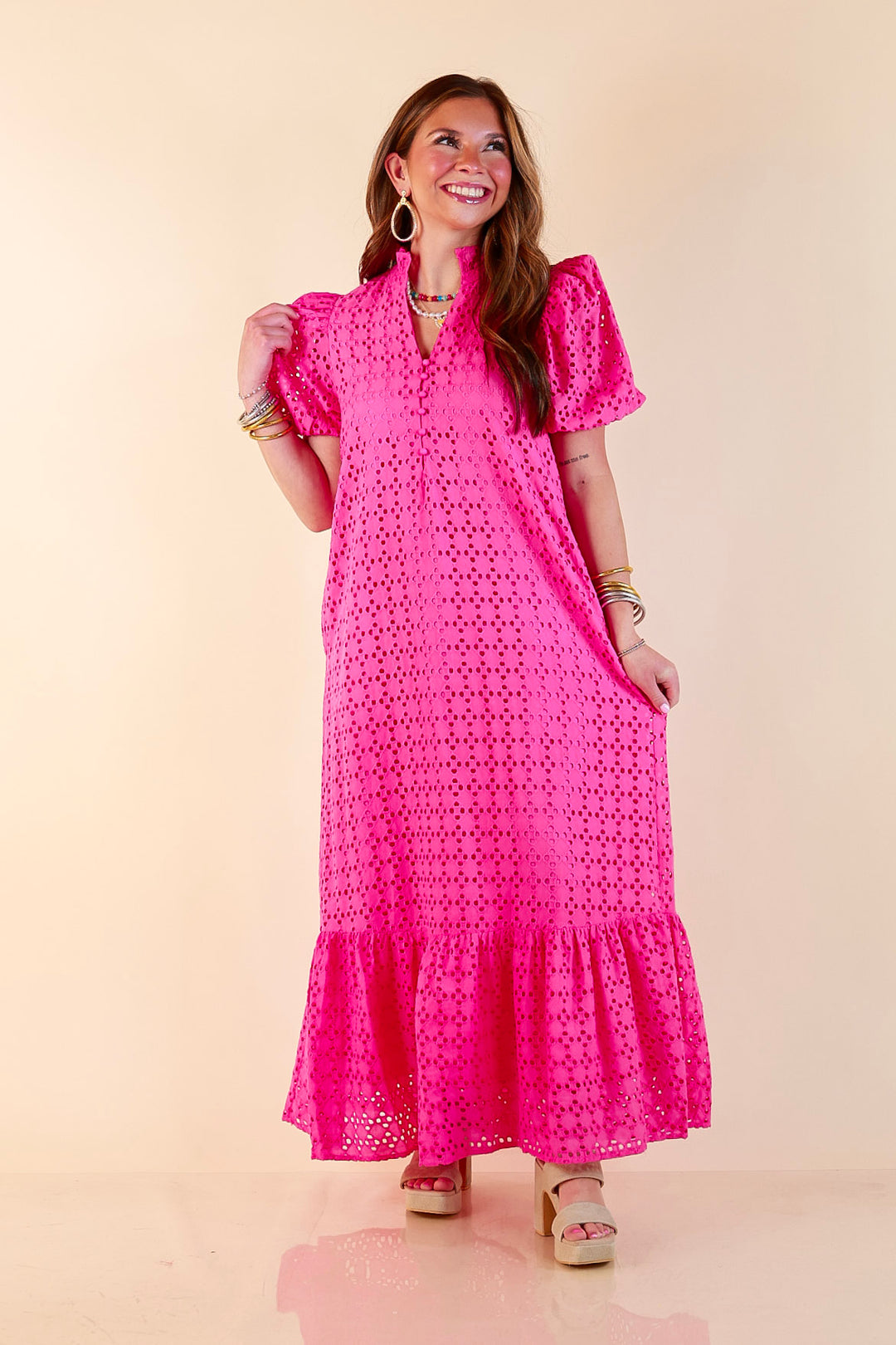 Meet Me at Sunset Eyelet Lace Puff Sleeve Tiered Maxi Dress in Hot Pink