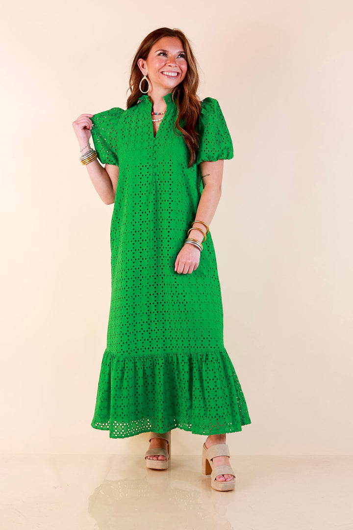 Meet Me at Sunset Eyelet Lace Puff Sleeve Tiered Maxi Dress in Kelly Green