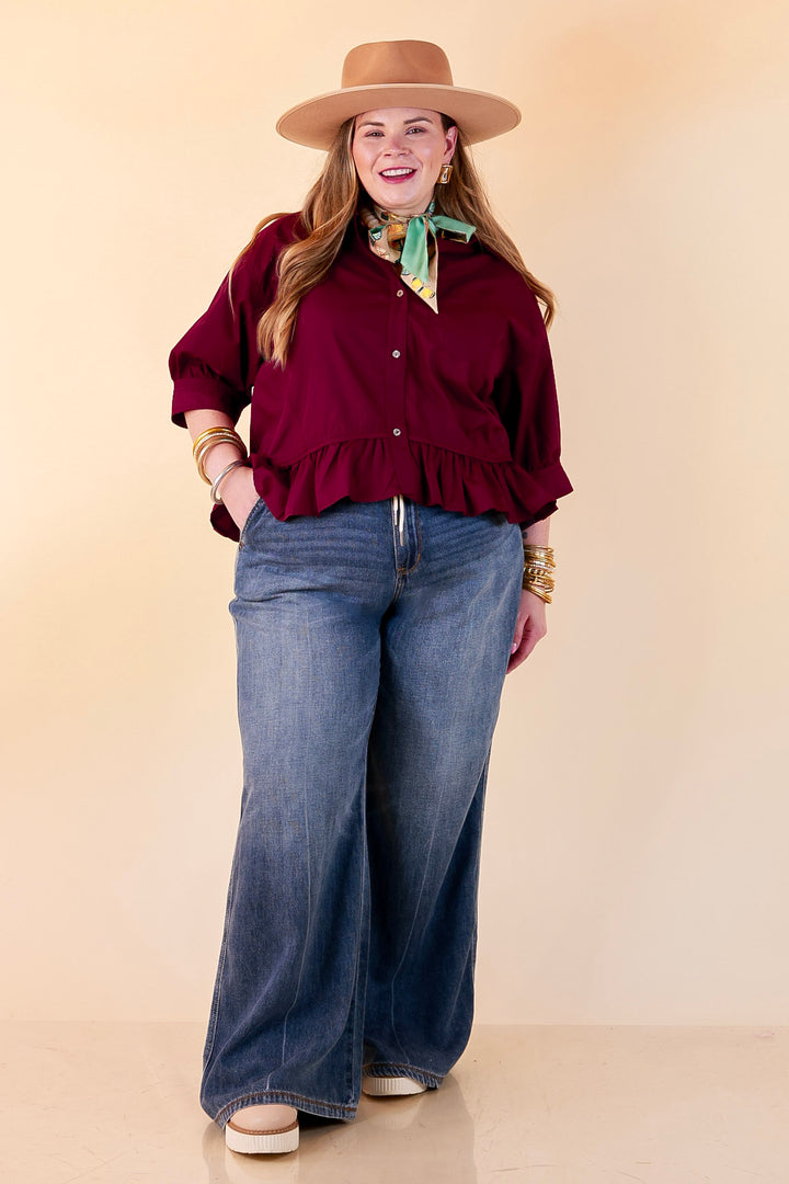 Style Agenda Solid Button Down Peplum Top in Maroon