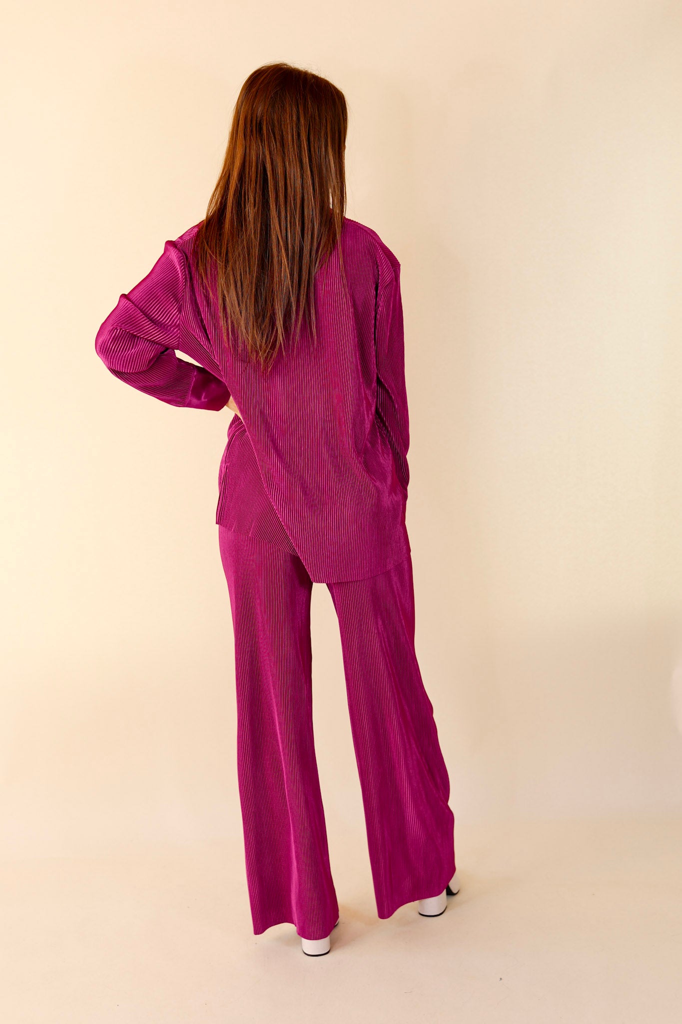 Dazzling Satin Plissé Ribbed Button Up Top in Magenta - Giddy Up Glamour Boutique