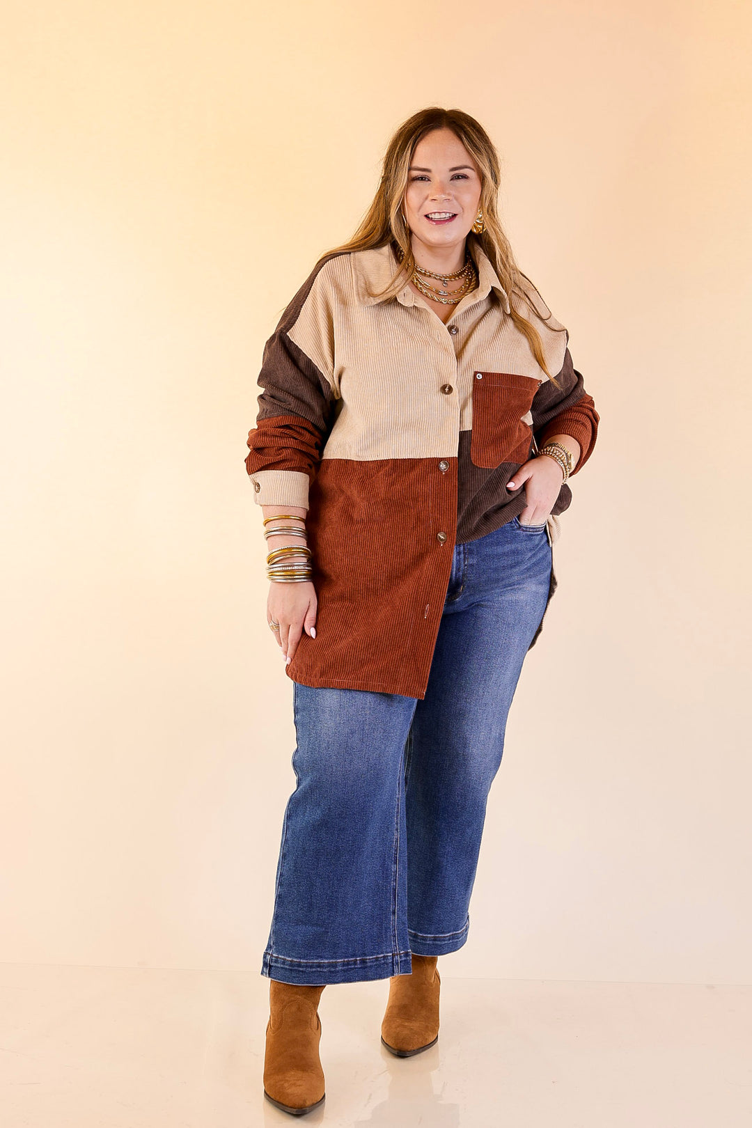Casual Cuddles Color Block Corduroy Shacket in Brown Mix