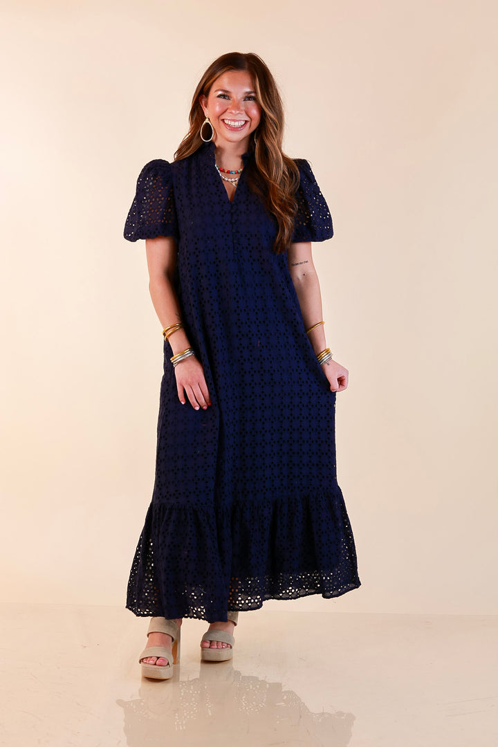 Meet Me at Sunset Eyelet Lace Puff Sleeve Tiered Maxi Dress in Navy Blue