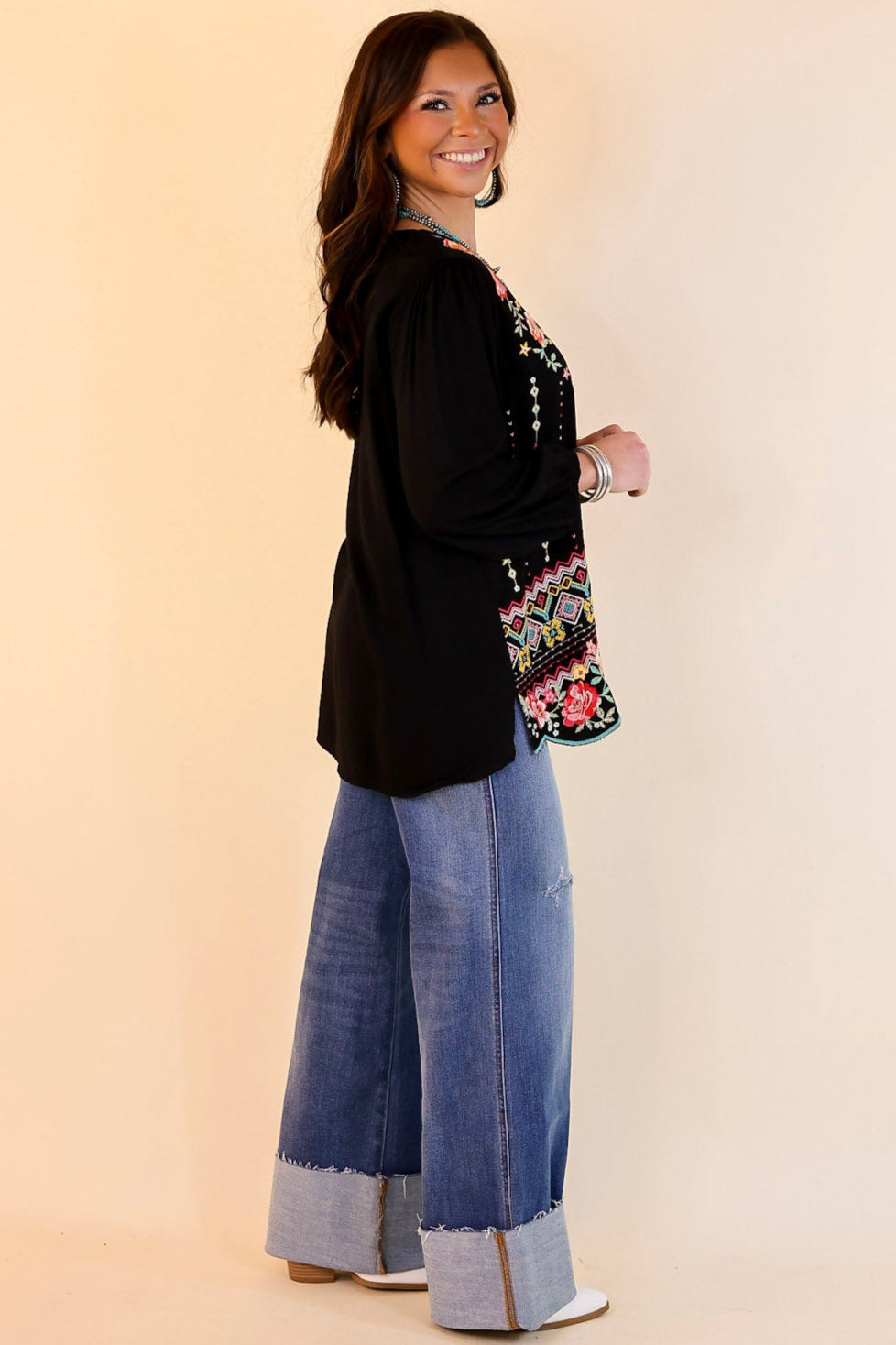 Early Bird Embroidered Front 3/4 Sleeve Top with V Neck in Black