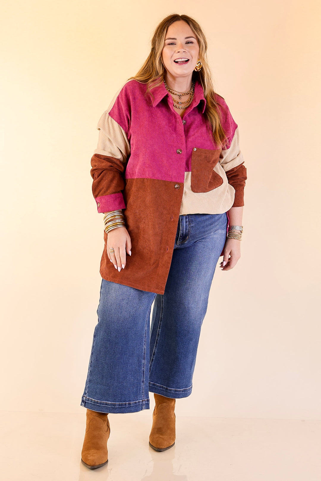Casual Cuddles Color Block Corduroy Shacket in Magenta Mix