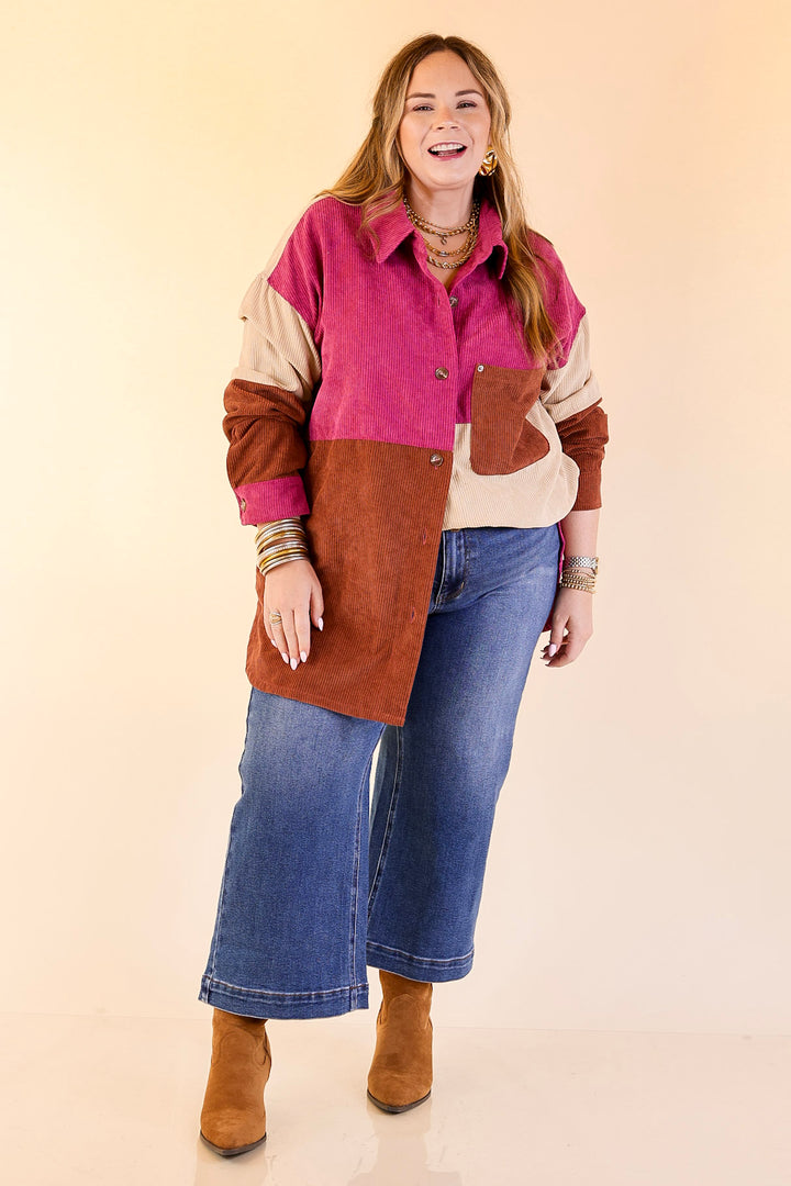 Casual Cuddles Color Block Corduroy Shacket in Magenta Mix