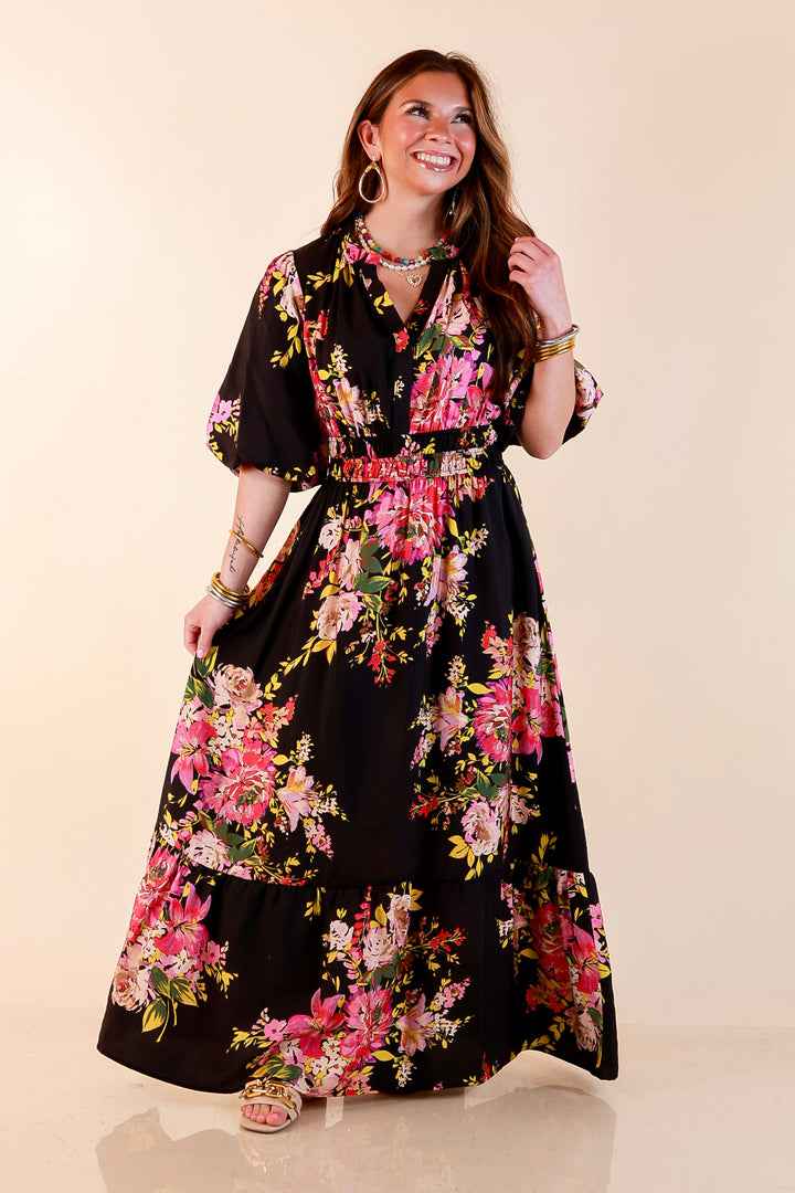 Reserved for Brunch Puff Sleeve Smocked Waist Floral Maxi Dress in Black Multi