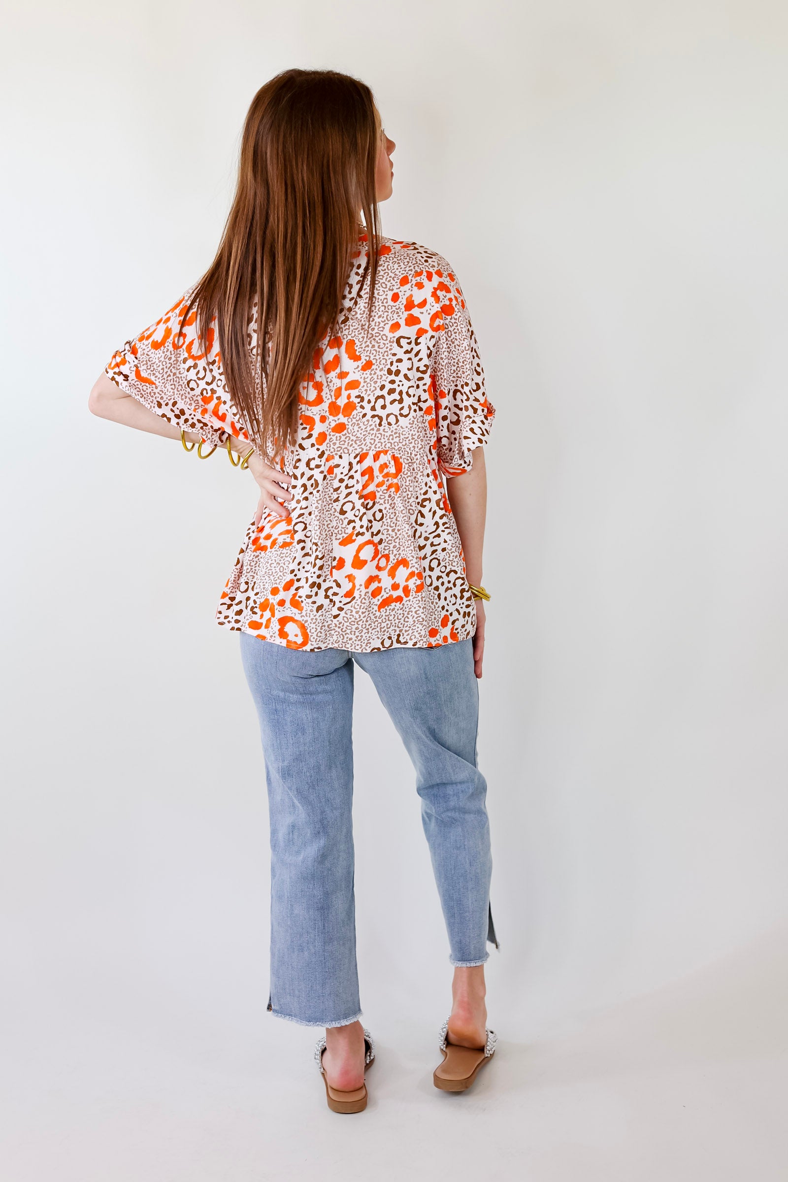 By Chance Leopard Print Top Short Sleeve Top with Floral Embroidery in Ivory - Giddy Up Glamour Boutique