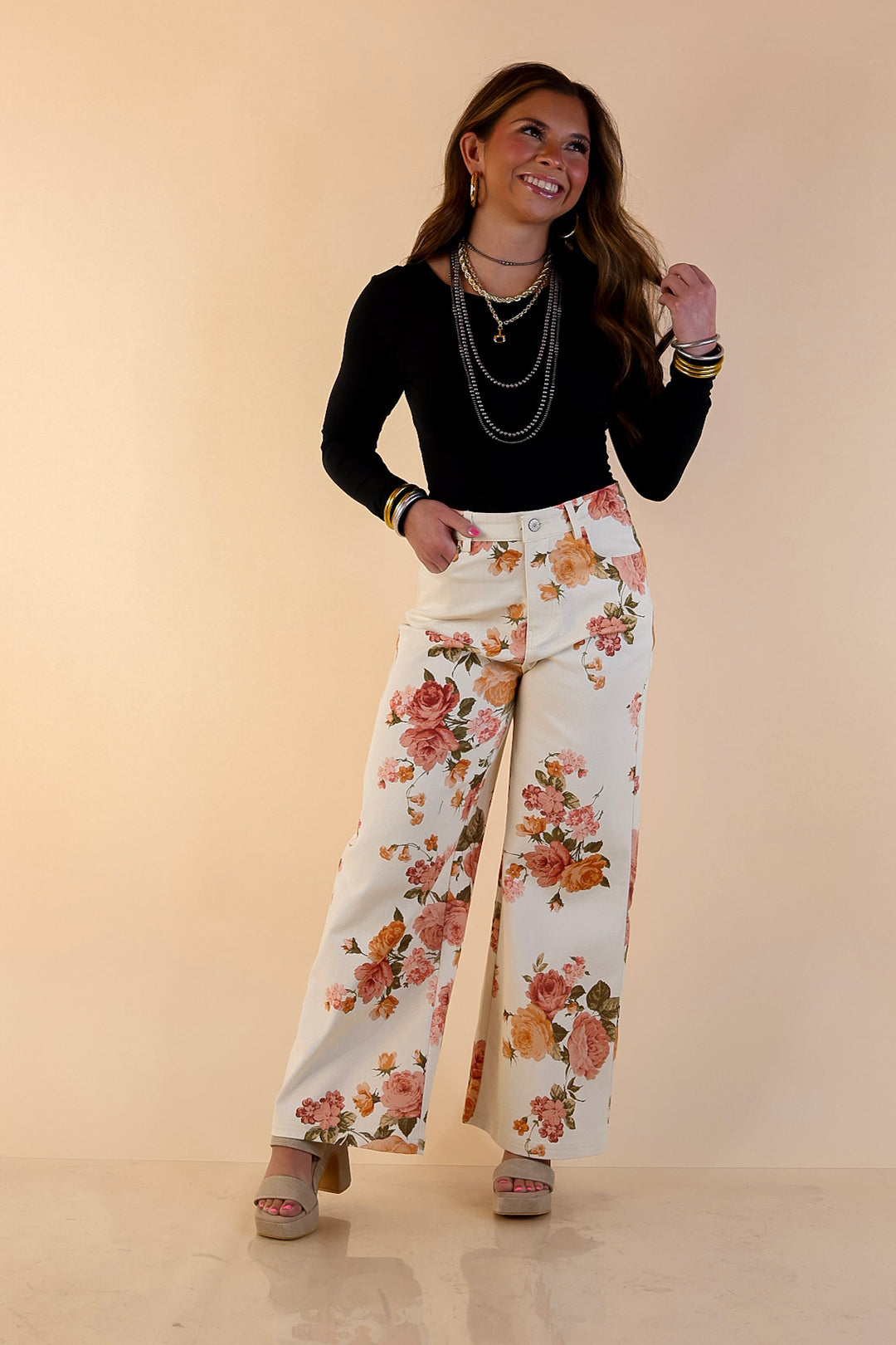 The Best Cropped Wide Leg Vintage Rose Floral Print Jeans in Ivory