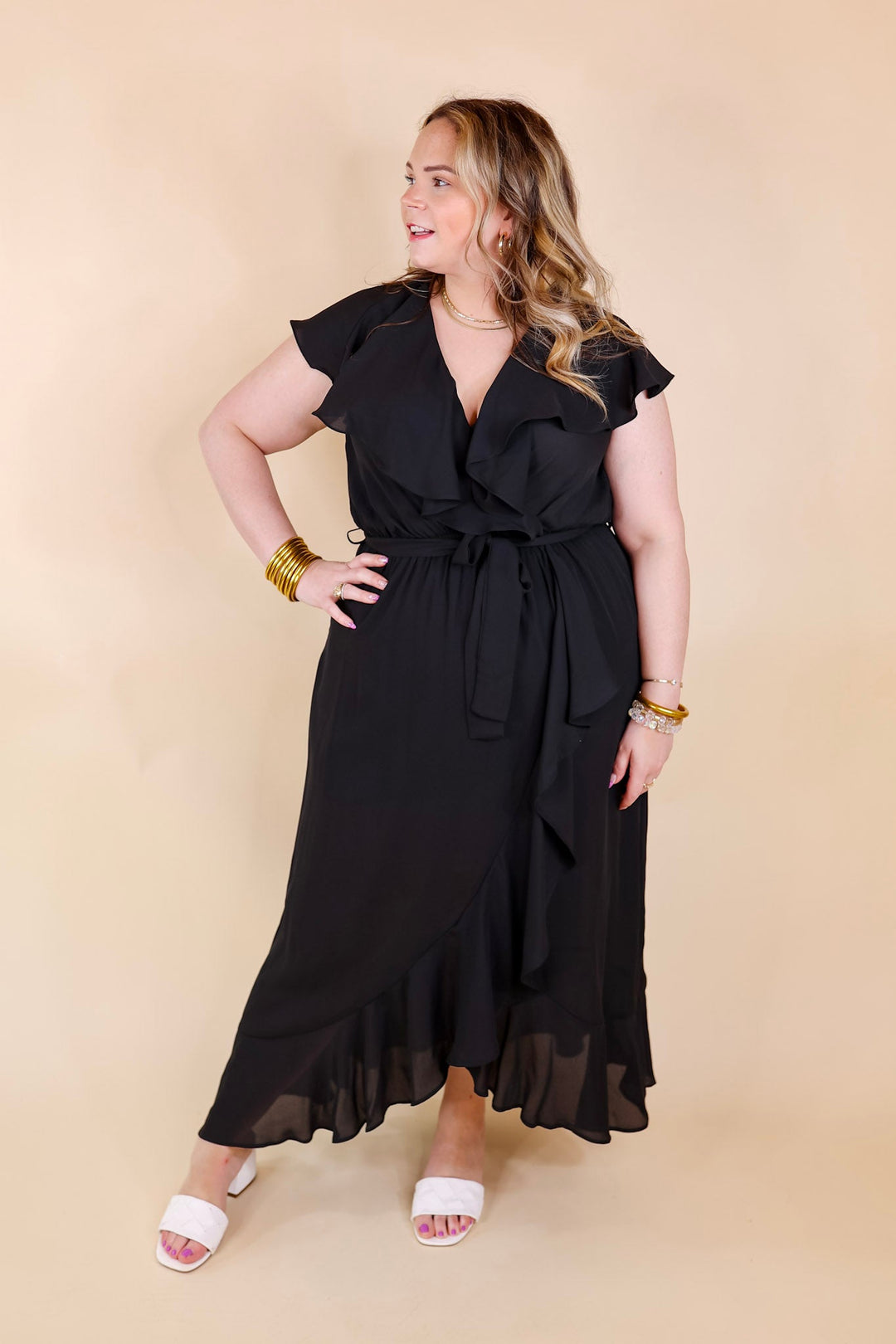 Tranquil Touch Ruffle Midi Dress with Waist Tie in Black - Giddy Up Glamour Boutique