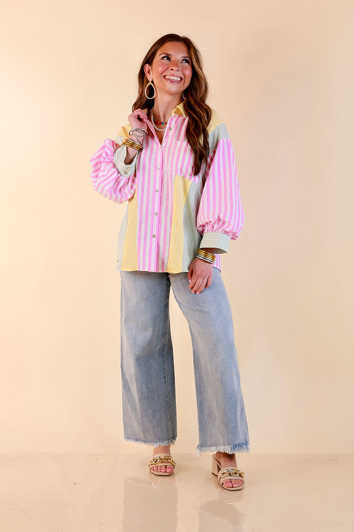 Lovely Impression Colorblock Stripe Button Front Top with Balloon Sleeves in Pink, Yellow and Green