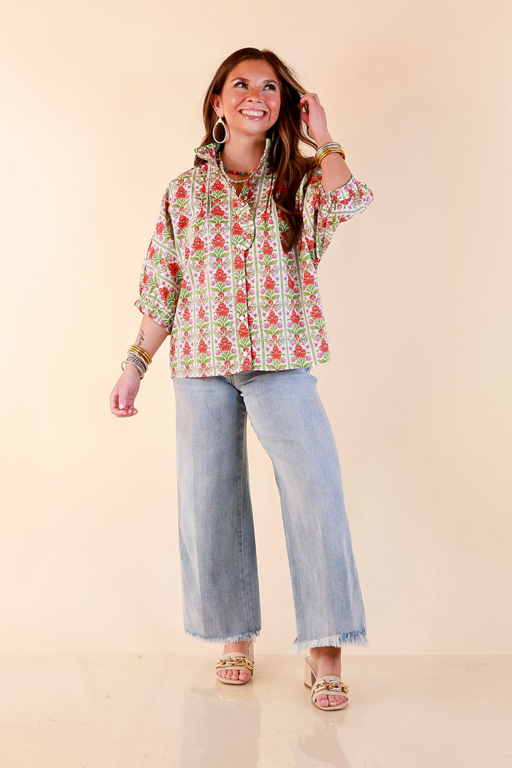 Charming Details Floral Print Button Front Dolman Top with Ruffle Collar in Ivory