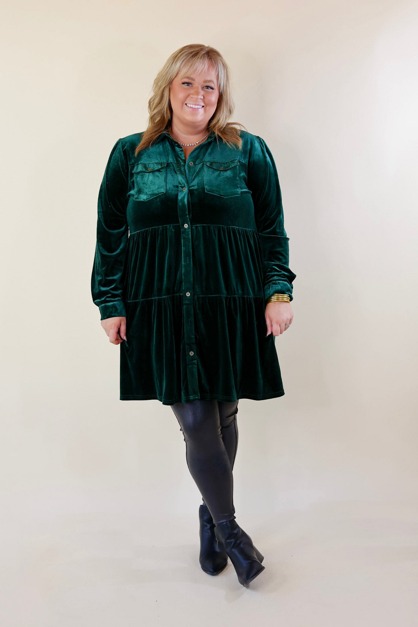 Grateful Gathering Velvet Button Up Dress with Long Sleeves in Emerald Green - Giddy Up Glamour Boutique