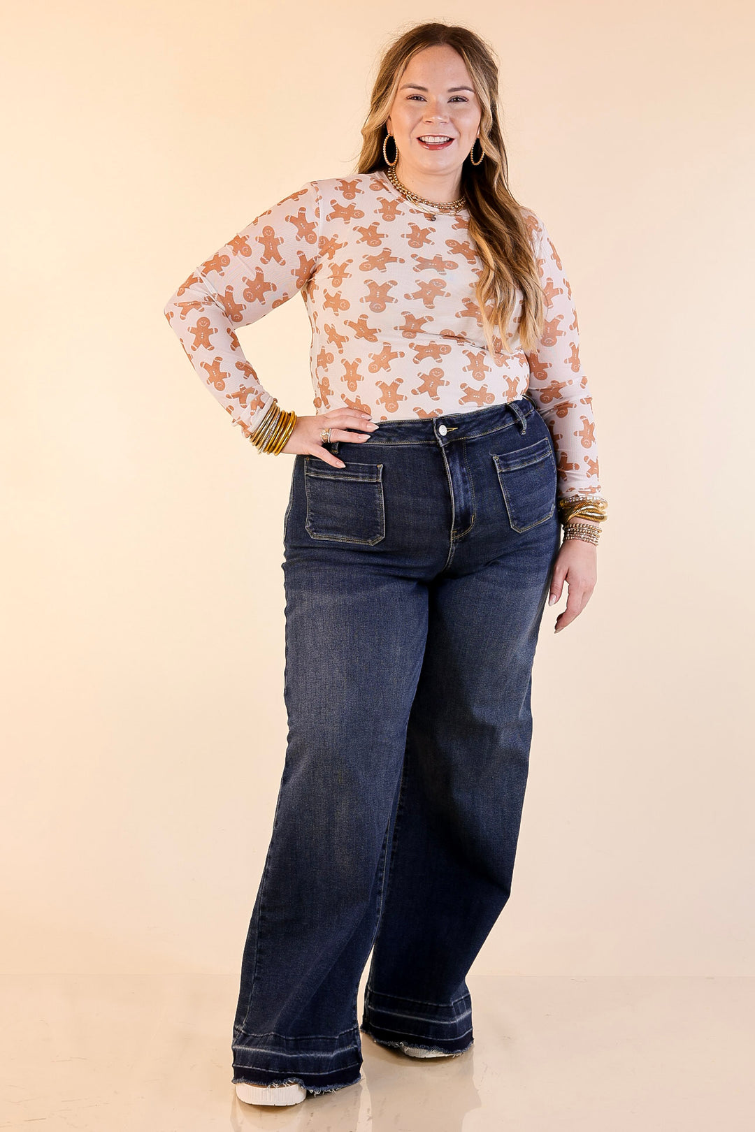 The Perfect Layer Gingerbread Print Mesh Long Sleeve Top in Ivory and Brown