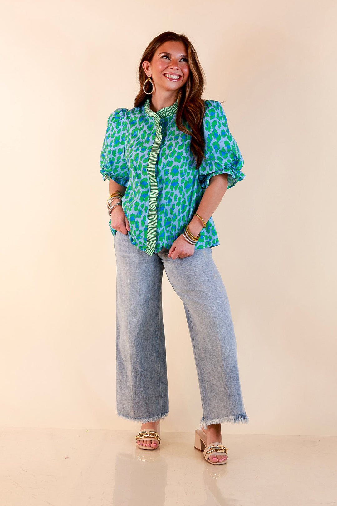 Catch the Compliments Puff Sleeve Ruffle Trim Leopard Print Statement Top in Green and Blue