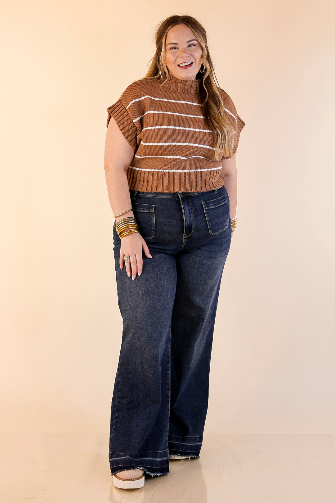 Sweet in Stripes Short Sleeve Striped Mock Neck Sweater in Camel Brown