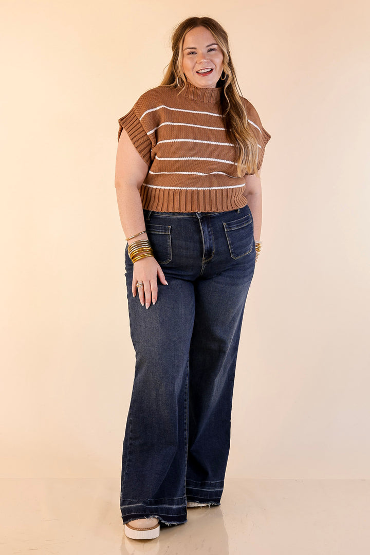 Sweet in Stripes Short Sleeve Striped Mock Neck Sweater in Camel Brown