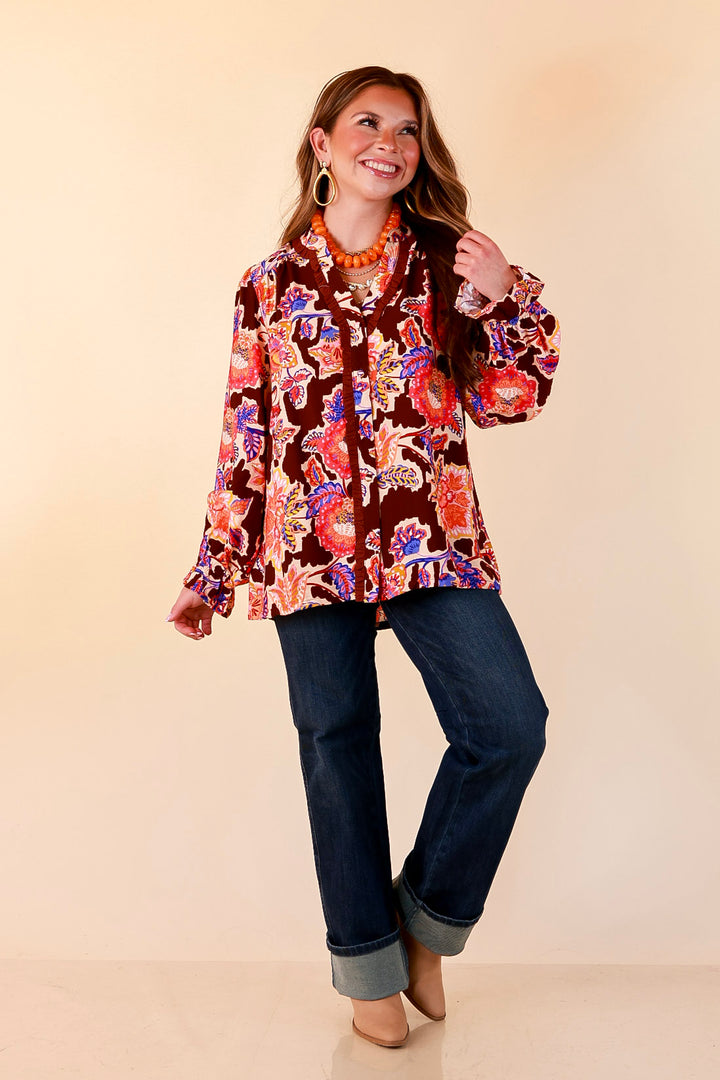 Petal Pop Floral Print Ruffle Front Button Up Long Sleeve Top with Balloon Sleeves in Coco Brown