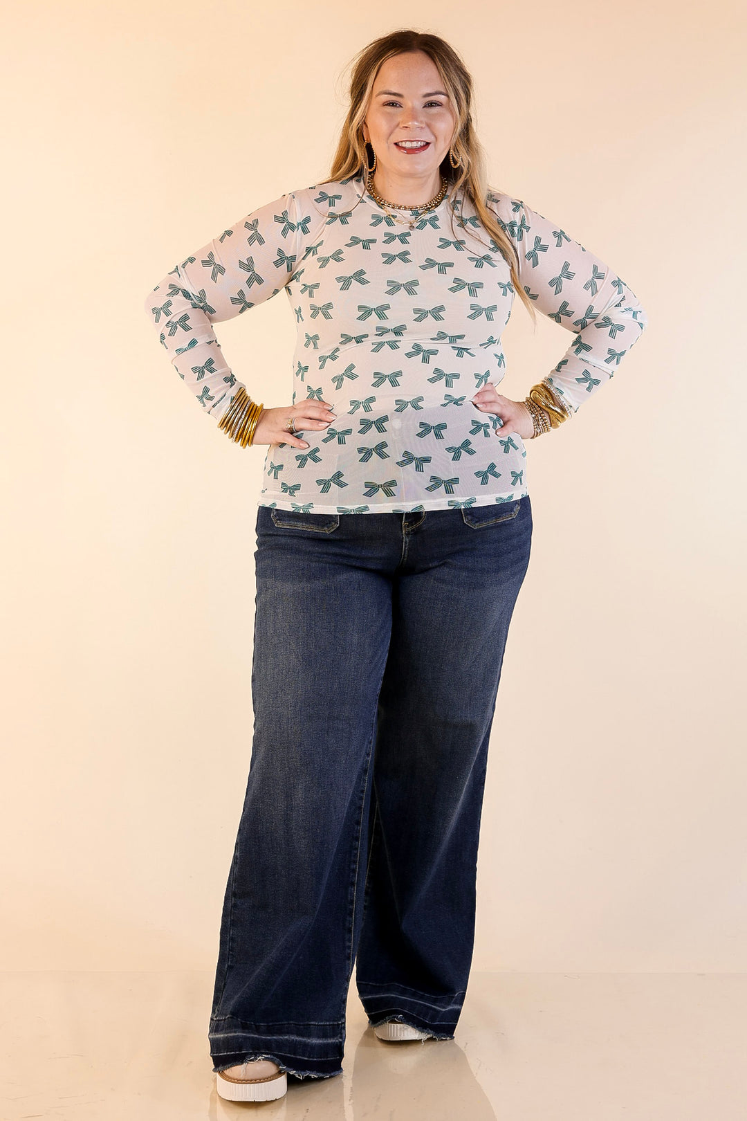 The Perfect Layer Bow Print Mesh Long Sleeve Top in Ivory and Green