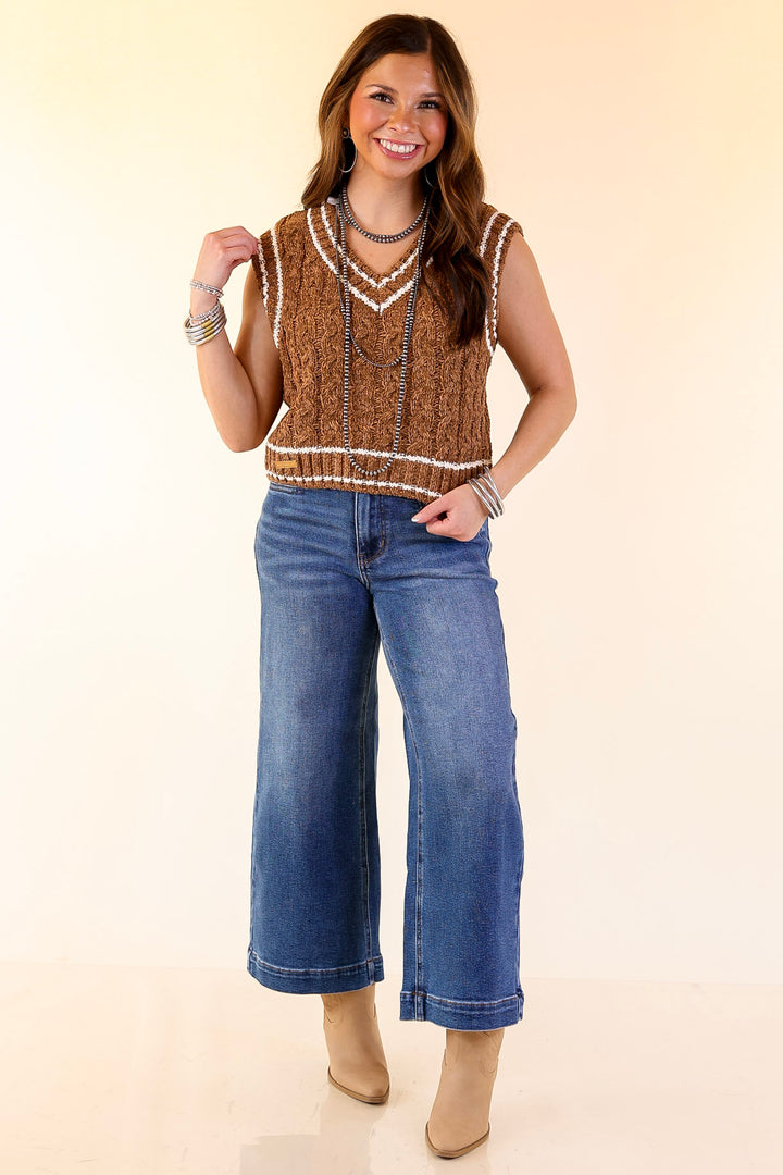 Simply Southern | Bliss Cable Knit Teddy Sweater Vest with V-Neckline and Contrast Trim in Umber Brown