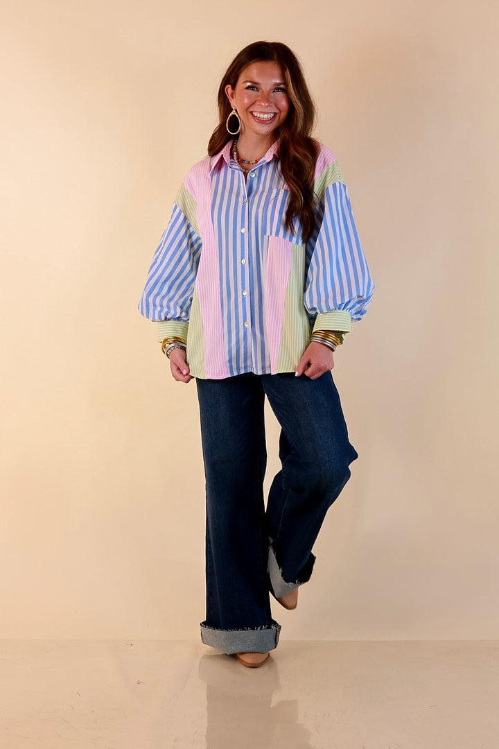 Lovely Impression Colorblock Stripe Button Front Top with Balloon Sleeves in Pink, Blue and Green