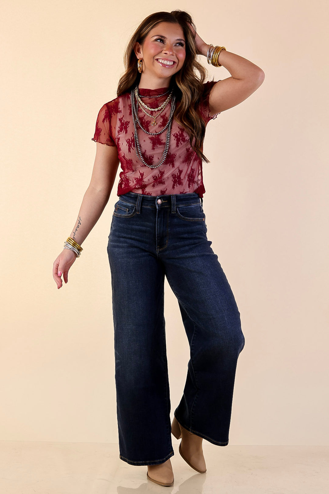 Lovely in Lace Sheer Mock Neck Short Sleeve Top in Maroon