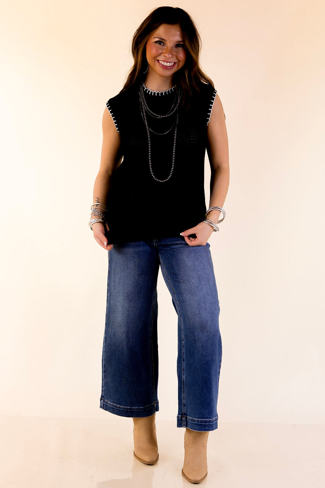 Simply Southern | Olivia Large Knit Sweater Vest with Contrast White Stitching in Black