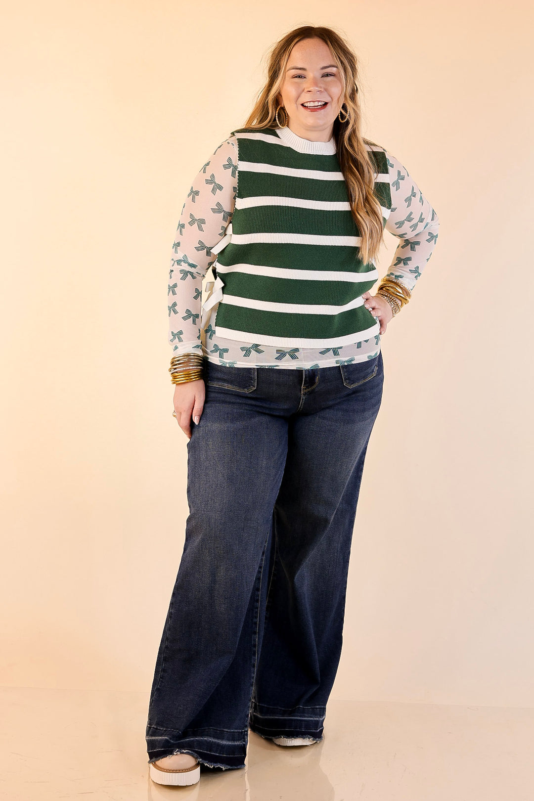 Tied Up in Style Knit Sweater with Side Ties in Forest Green with Off White Stripes