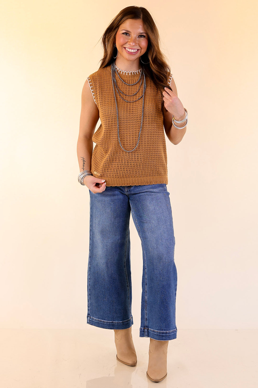 Simply Southern | Olivia Large Knit Sweater Vest with Contrast White Stitching in Tan Brown