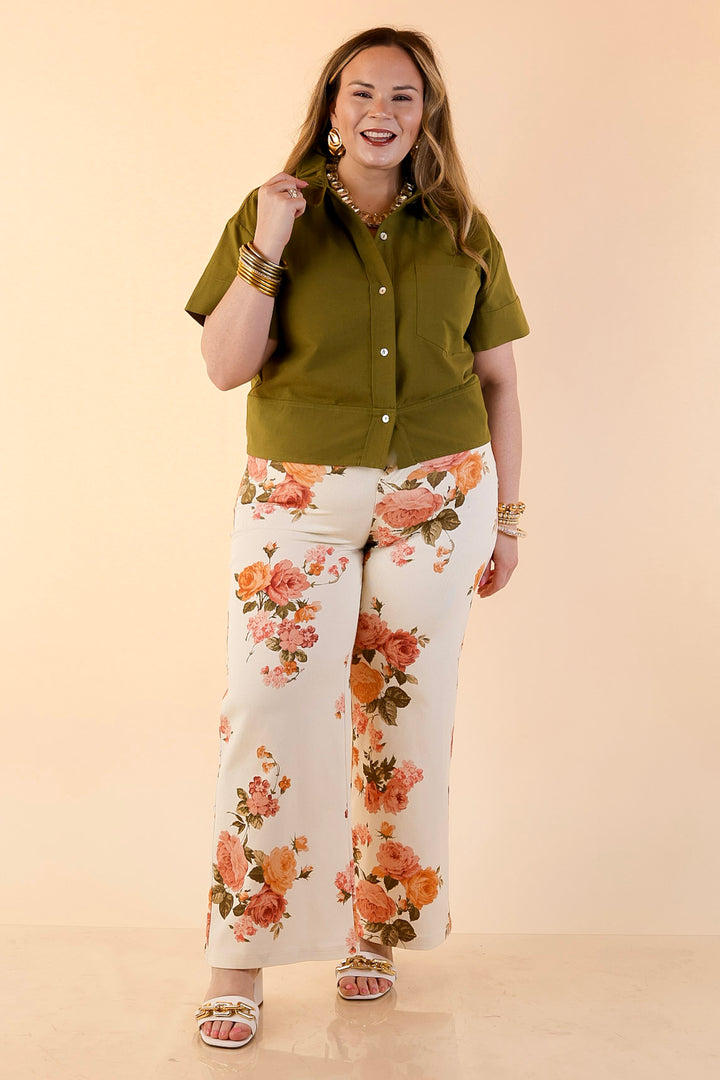 Casual Composure Button Front Short Sleeve Linen Top in Olive Green