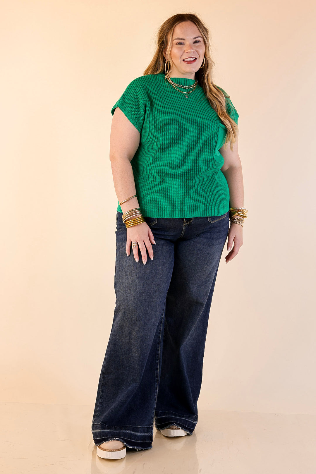 Repeat Ready Cap Sleeve Sweater with Front Pocket in Kelly Green M Repeat Ready Cap Sleeve Sweater with Front Pocket in Kelly Green M