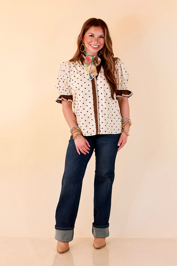 Endless Elegance Ruffled V Neck Polka Dot Print Top in Cream and Brown