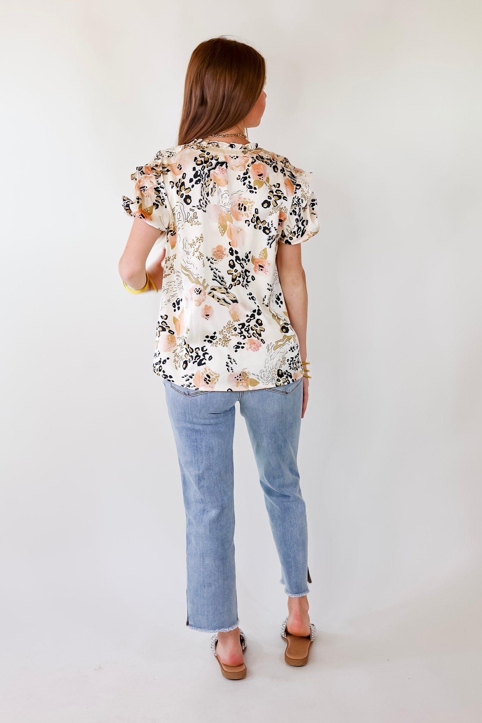 One And Only Mix Print Satin Blouse with Keyhole Front in Ivory - Giddy Up Glamour Boutique