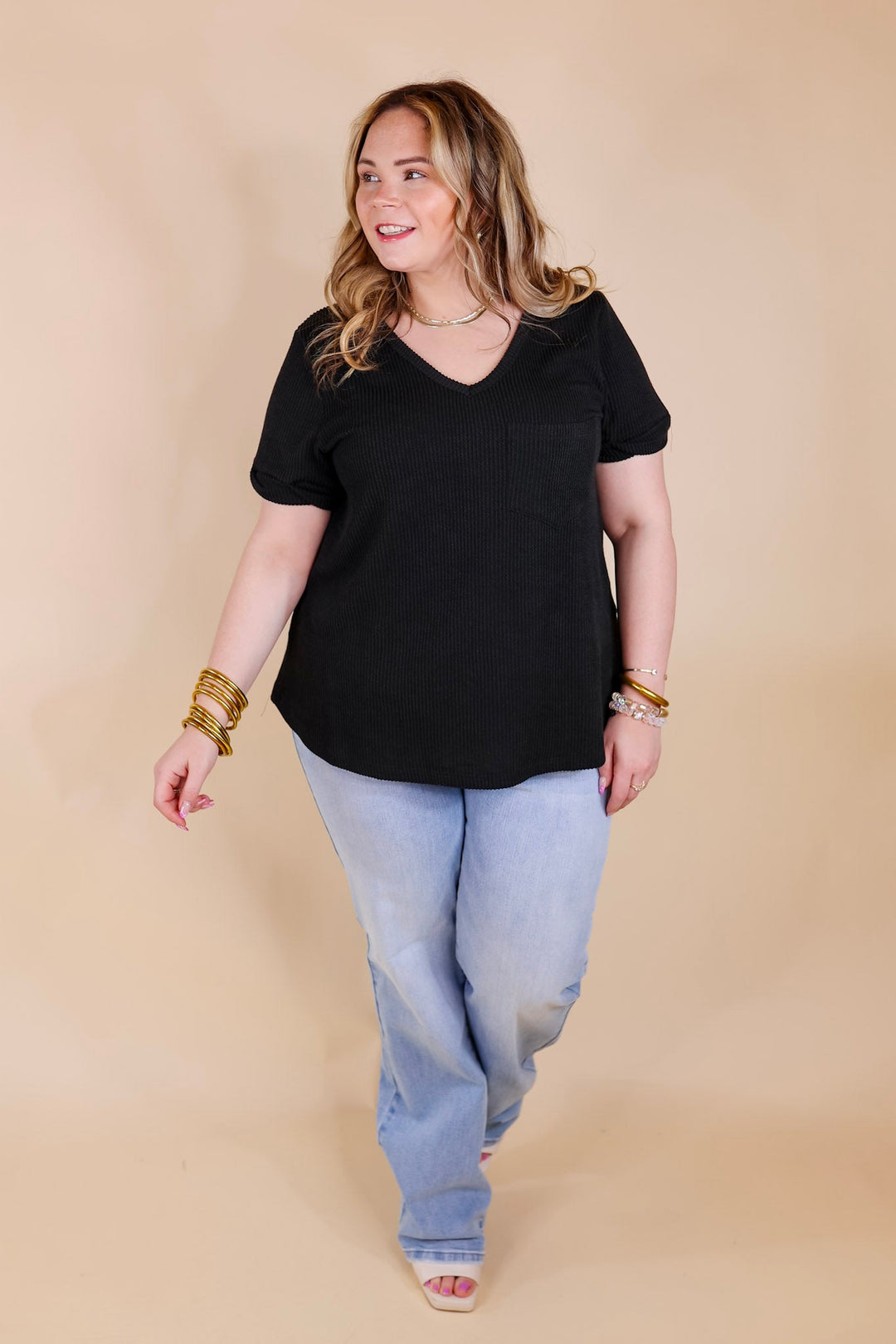 Only True Love Ribbed Short Sleeve Top with Front Pocket in Black - Giddy Up Glamour Boutique