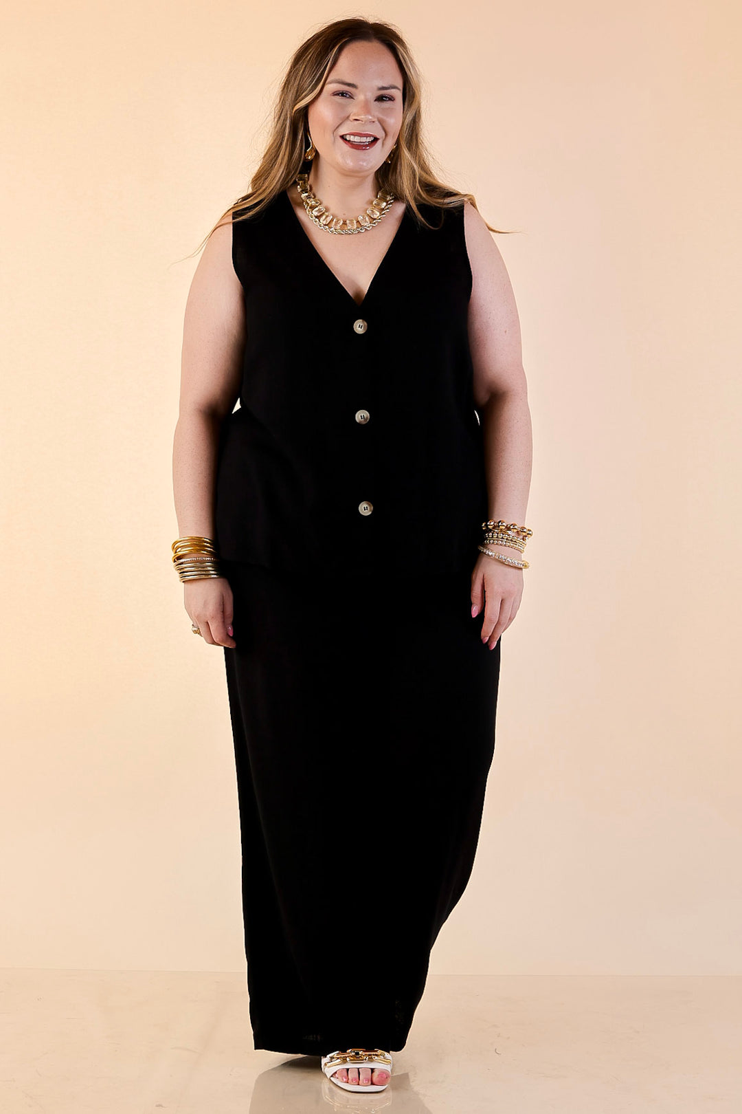 Styled for Success Button Up Linen Vest in Black