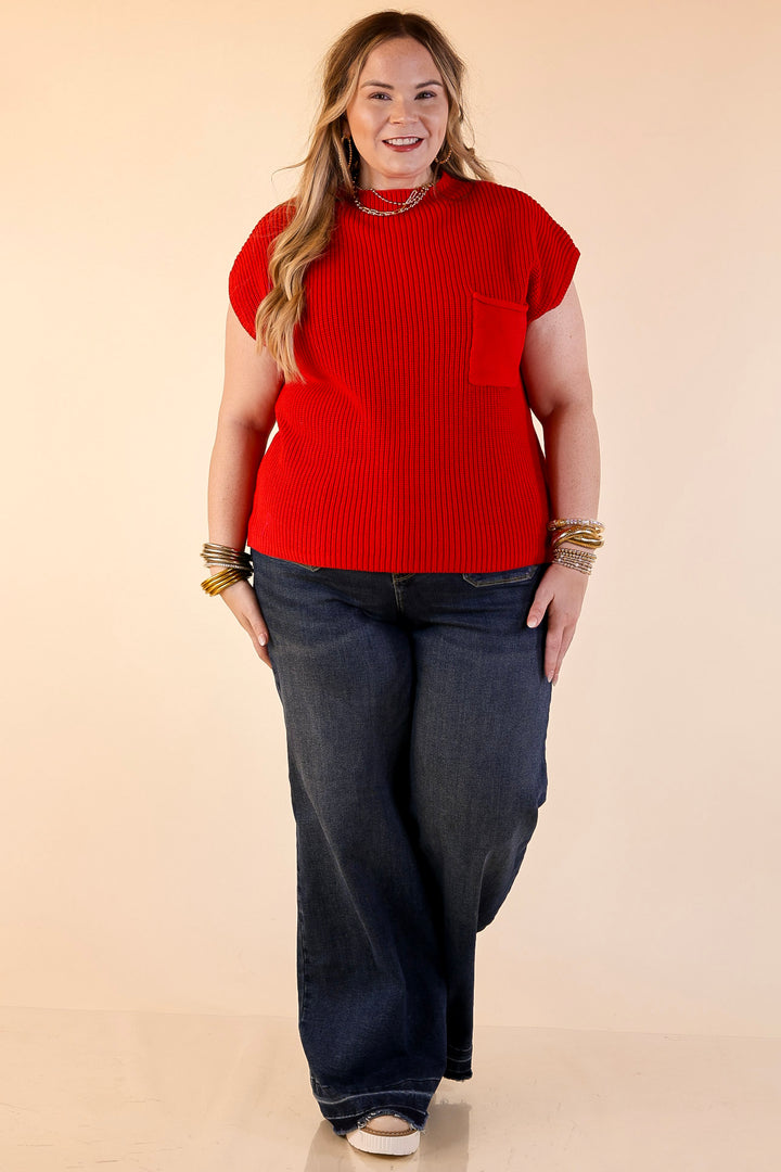 Repeat Ready Cap Sleeve Sweater with Front Pocket in Red