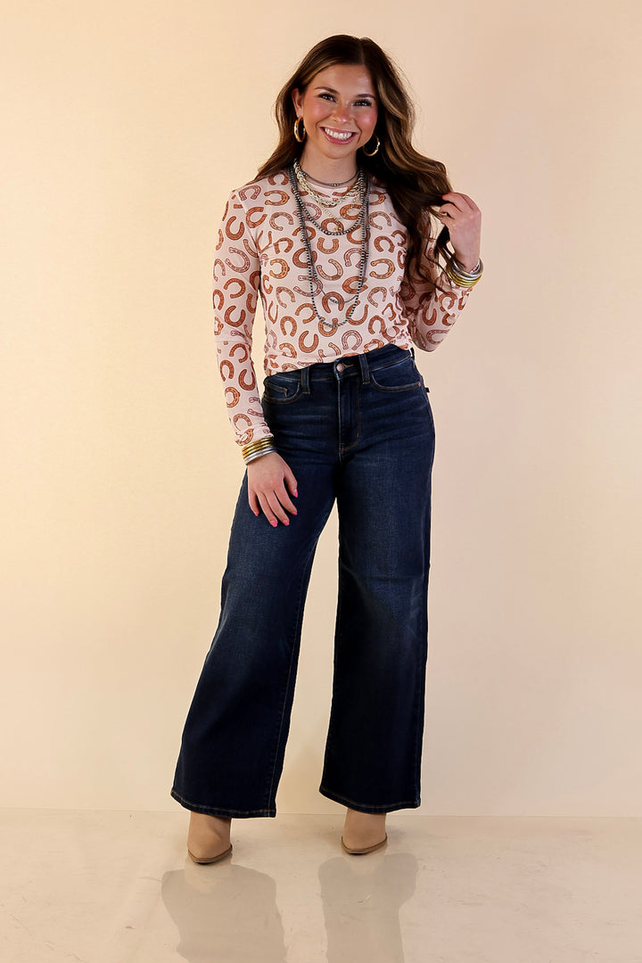 The Perfect Layer Horseshoe Print Mesh Long Sleeve Top in Cream and Brown