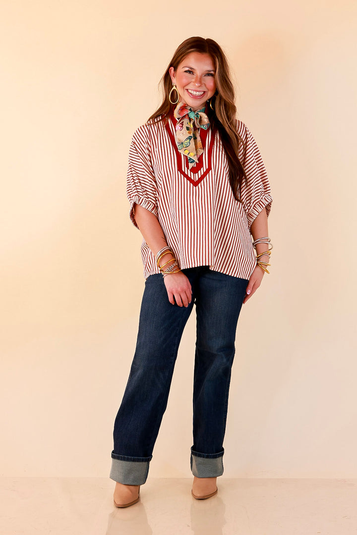 Naturally Stylish Stripe Top with Contrast Stripe Trim and Short Dolman Sleeves in Brick Red