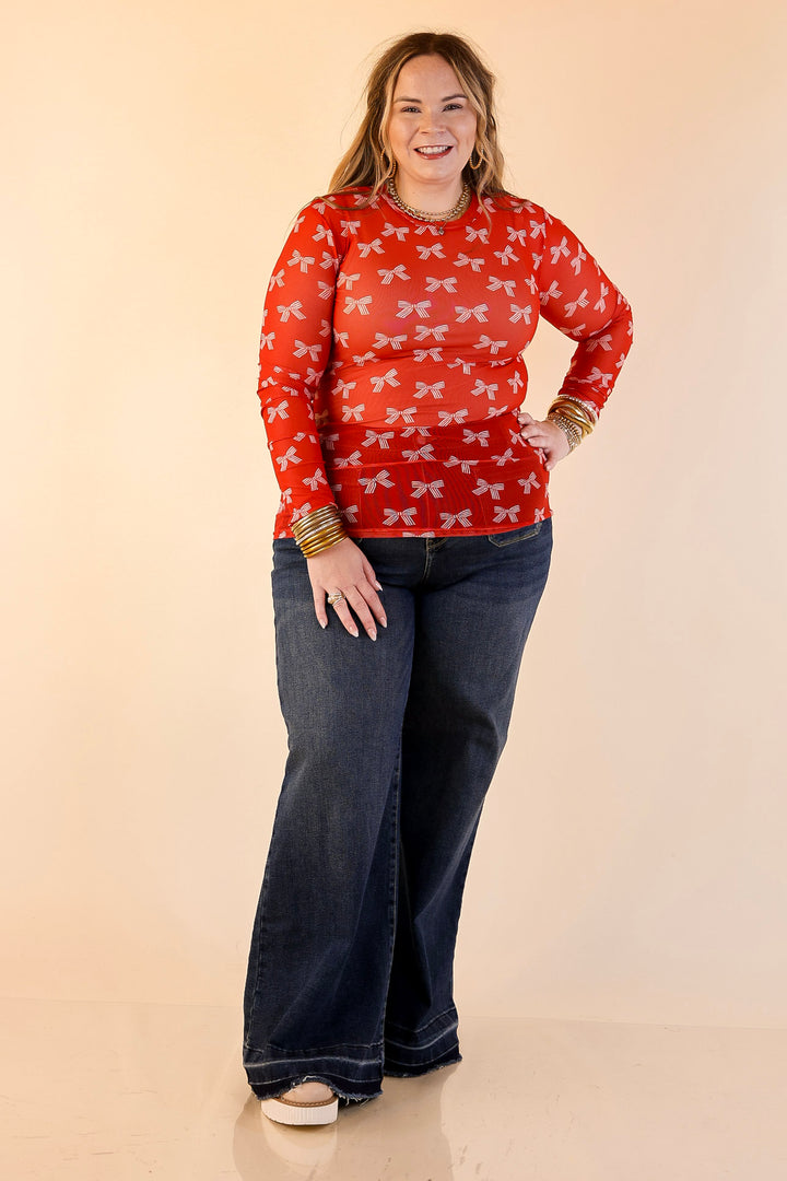 The Perfect Layer Bow Print Mesh Long Sleeve Top in Red and Ivory