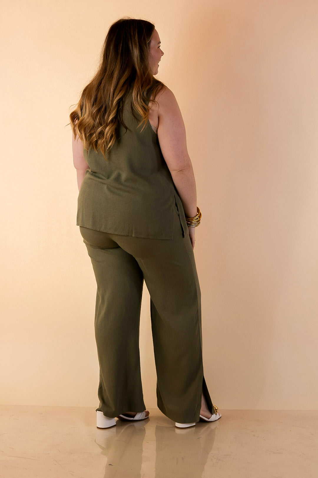 Styled in Comfort Linen Wide Leg Drawstring Pants in Olive Green
