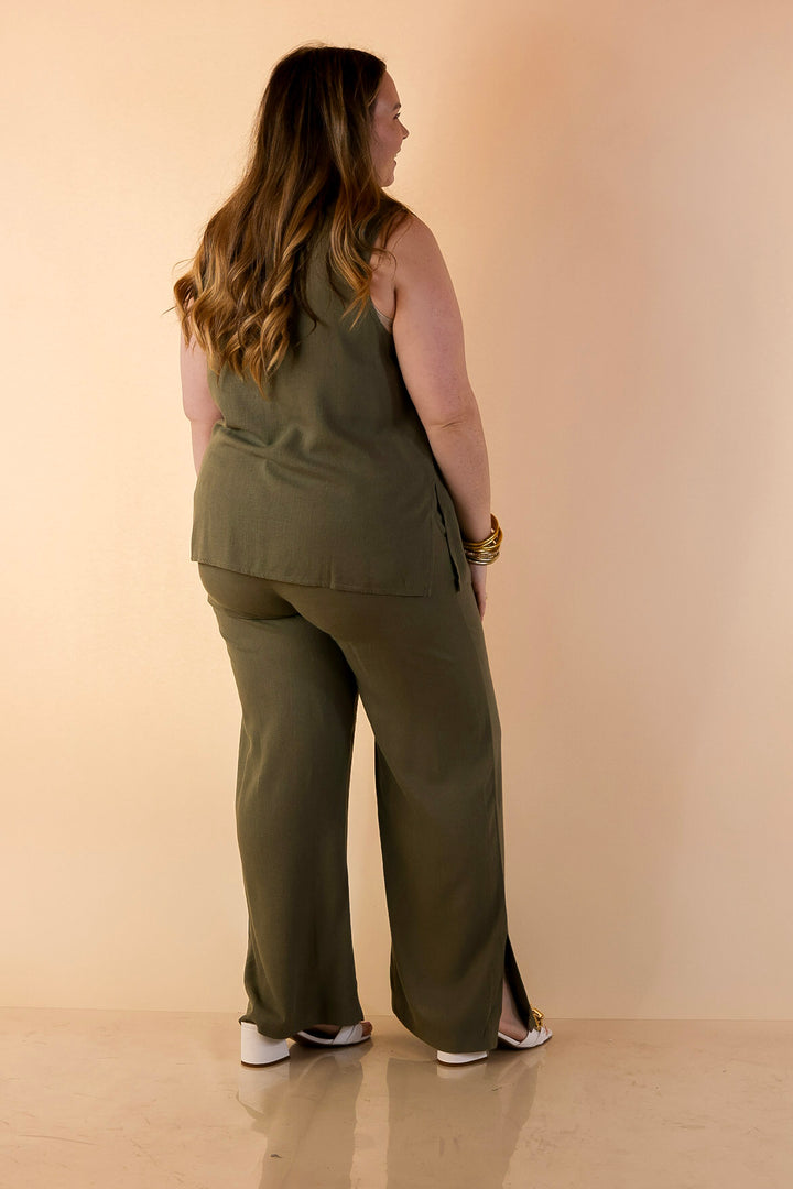 Styled in Comfort Linen Wide Leg Drawstring Pants in Olive Green