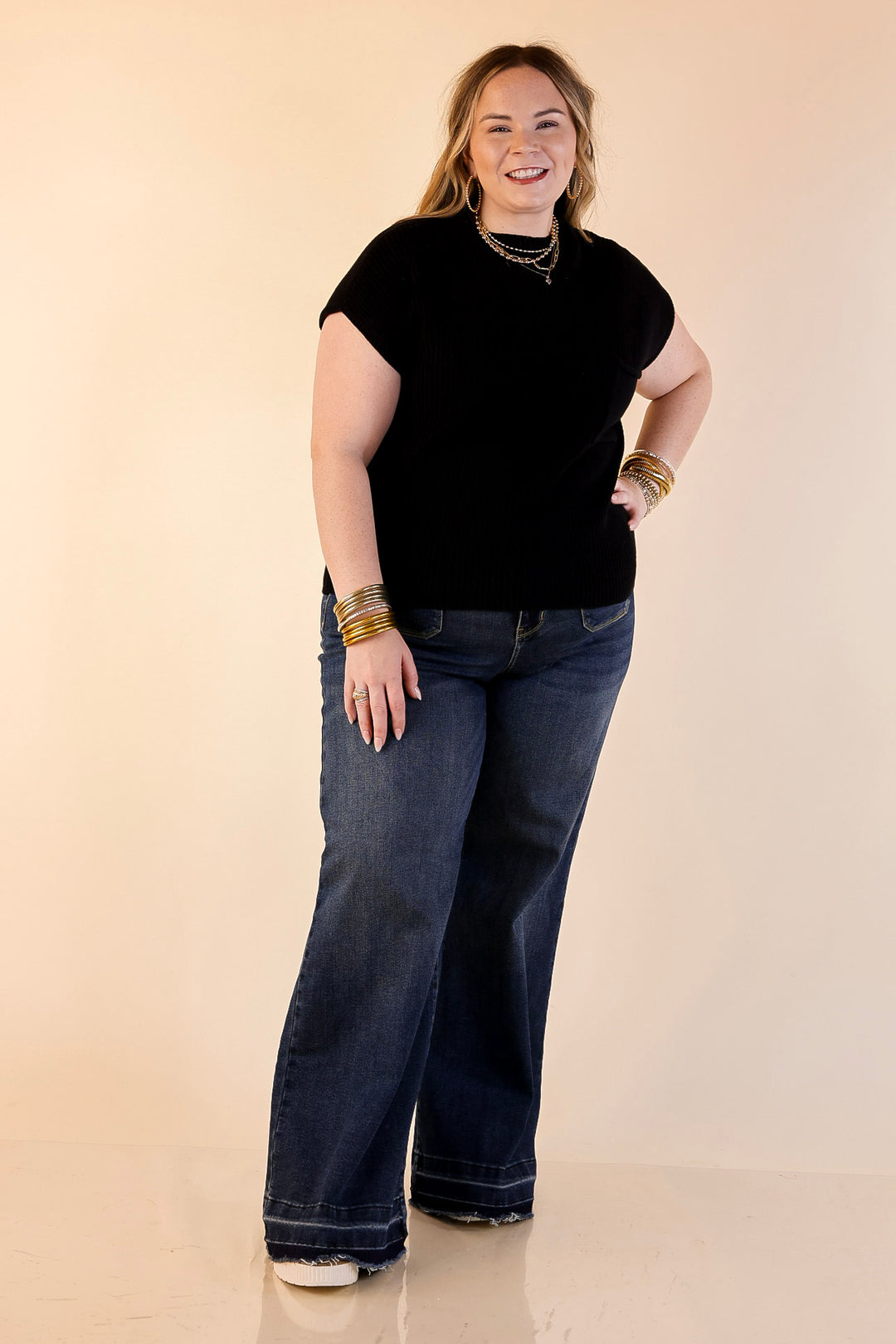 Repeat Ready Cap Sleeve Sweater with Front Pocket in Black