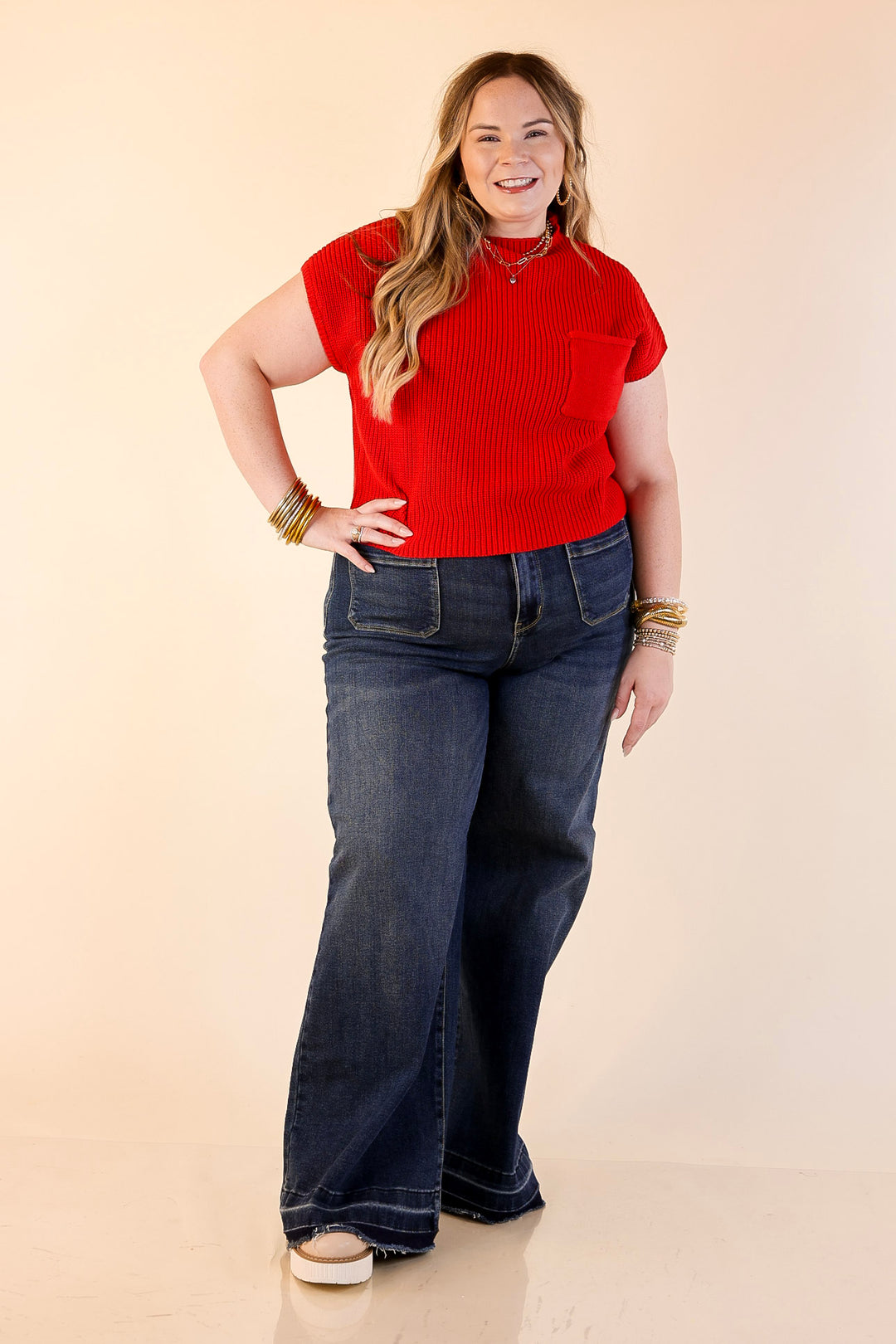 Repeat Worthy Cap Sleeve Cropped Sweater with Front Pocket in Red